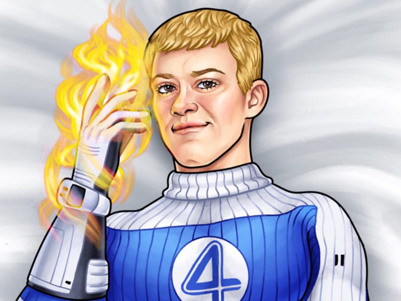 May include: Illustration of a man with blond hair and a blue and white uniform, holding a flame. The uniform has a large number 4 on the chest. The man's arm is surrounded by bright yellow and orange flames.