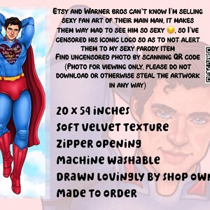 May include: Illustration of a male figure in a Superman-inspired costume with a red cape, blue suit, and red boots. The text on the image says "Etsy and Warner Bros can't know I'm selling sexy fan art..." The dimensions are 20 x 54 inches.