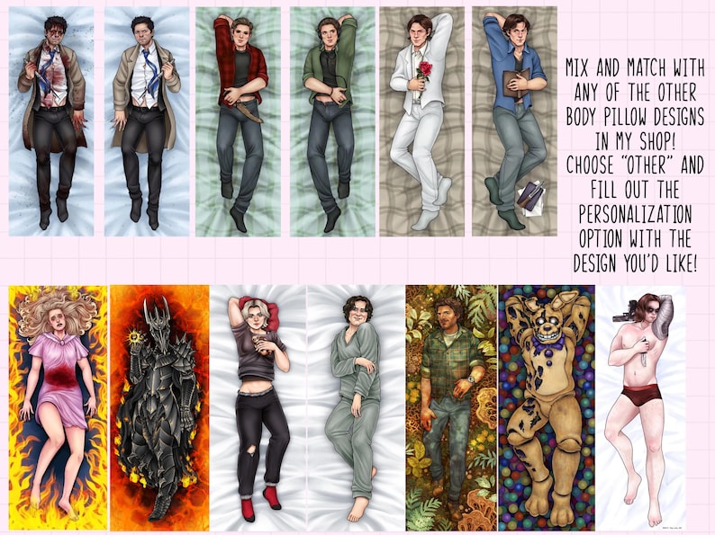 May include: A collection of rectangular body pillow covers featuring various illustrated characters, including figures in suits, casual clothing, fantasy armor, and a yellow rabbit mascot. Text reads: MIX AND MATCH WITH ANY OF THE OTHER BODY PILLOW DESIGNS IN MY SHOP! CHOOSE OTHER AND FILL OUT THE PERSONALIZATION OPTION WITH THE DESIGN YOU'D LIKE!