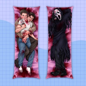 May include: Two body pillow covers. One features two men in a bloody embrace, one holding a knife. The other shows a figure in a black robe and a Scream mask. Both have a pink and red blood spatter background.