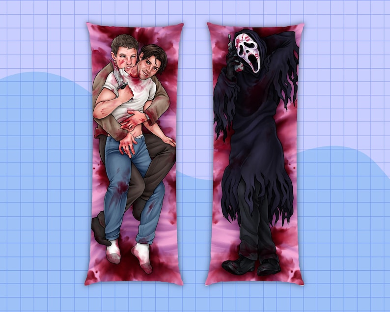 May include: Two body pillow covers. One features two men in a bloody embrace, one holding a knife. The other shows a figure in a black robe and a Scream mask. Both have a pink and red blood spatter background.