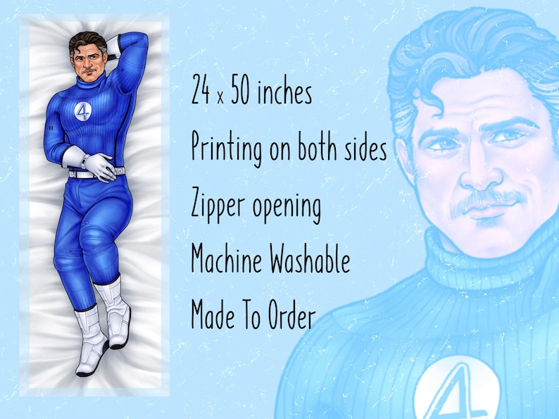 May include: A rectangular body pillowcase featuring a blue superhero character with a number 4 emblem on the chest. Text reads: 24 x 50 inches, Printing on both sides, Zipper opening, Machine Washable, Made To Order. The design includes a close-up portrait.