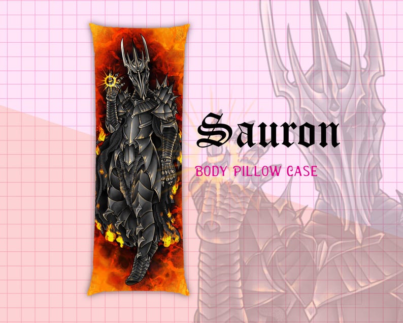 May include: Body pillow case featuring a detailed illustration of Sauron from The Lord of the Rings. The artwork depicts Sauron in dark armor, holding a glowing orb, set against a fiery background. Text on the pillow reads "Sauron BODY PILLOW CASE."