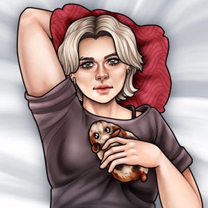 May include: A digital illustration of a person with short blonde hair wearing a dark gray t-shirt, resting their head on a red patterned pillow while holding a small brown and white guinea pig against their chest in a relaxed pose.