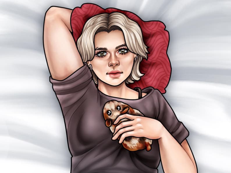 May include: A digital illustration of a person with short blonde hair wearing a dark gray t-shirt, resting their head on a red patterned pillow while holding a small brown and white guinea pig against their chest in a relaxed pose.
