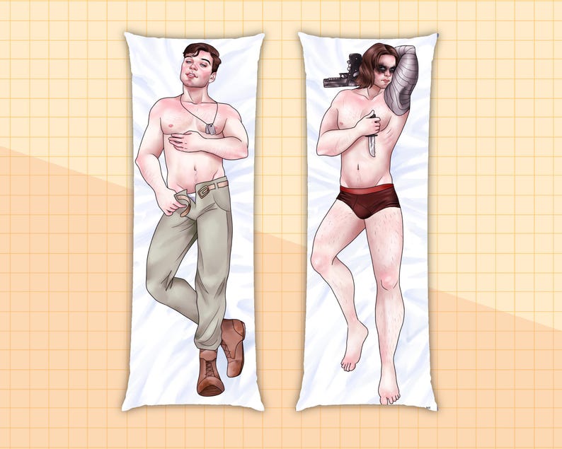 May include: Two body pillow cases featuring illustrations of men. The pillow case on the left features a man wearing khaki pants and brown boots. The pillow case on the right features a man wearing red underwear and a silver prosthetic arm.