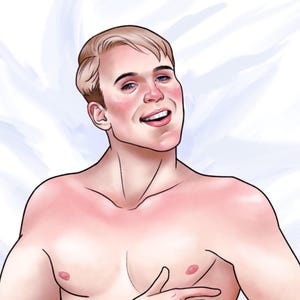 May include: A digital illustration of a fair-skinned person with short blonde hair, blue eyes, and a smiling expression. The figure is depicted from the chest up, showing a muscular build with a light pinkish skin tone and visible facial features.