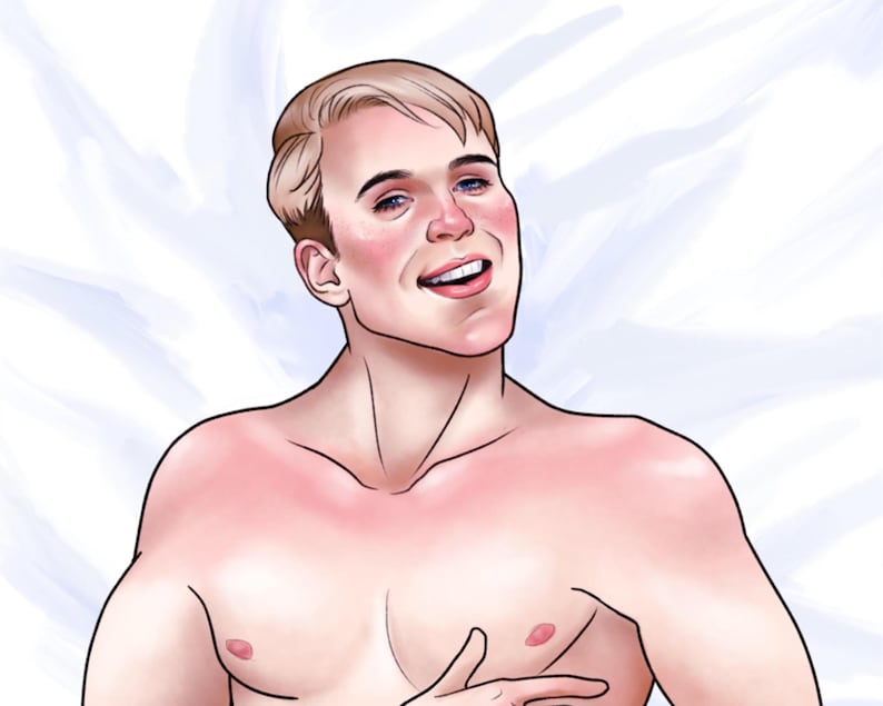 May include: A digital illustration of a fair-skinned person with short blonde hair, blue eyes, and a smiling expression. The figure is depicted from the chest up, showing a muscular build with a light pinkish skin tone and visible facial features.