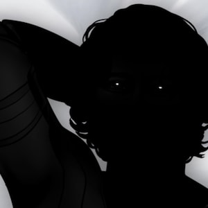 May include: Silhouette of a person with curly hair, resting their arm behind their head. The image is primarily black, with the person's form and clothing in shadow. The eyes are visible, with bright white highlights.