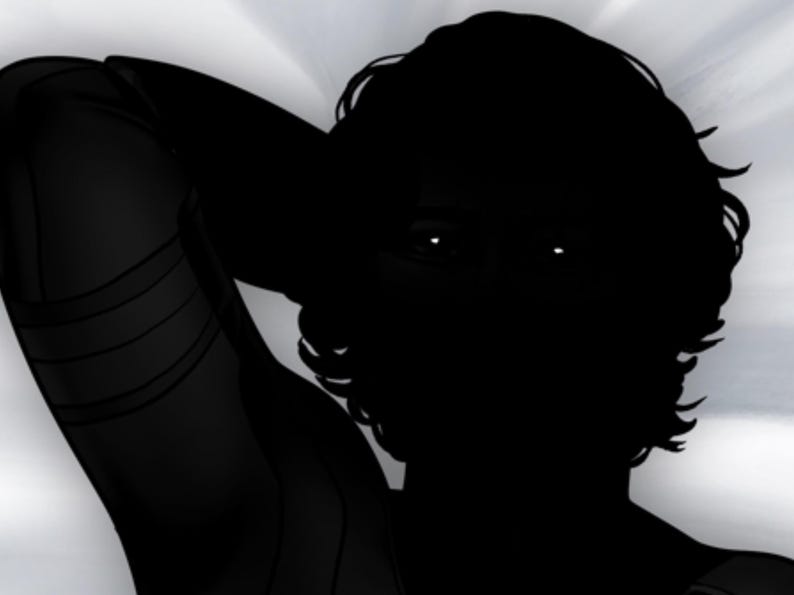 May include: Silhouette of a person with curly hair, resting their arm behind their head. The image is primarily black, with the person's form and clothing in shadow. The eyes are visible, with bright white highlights.