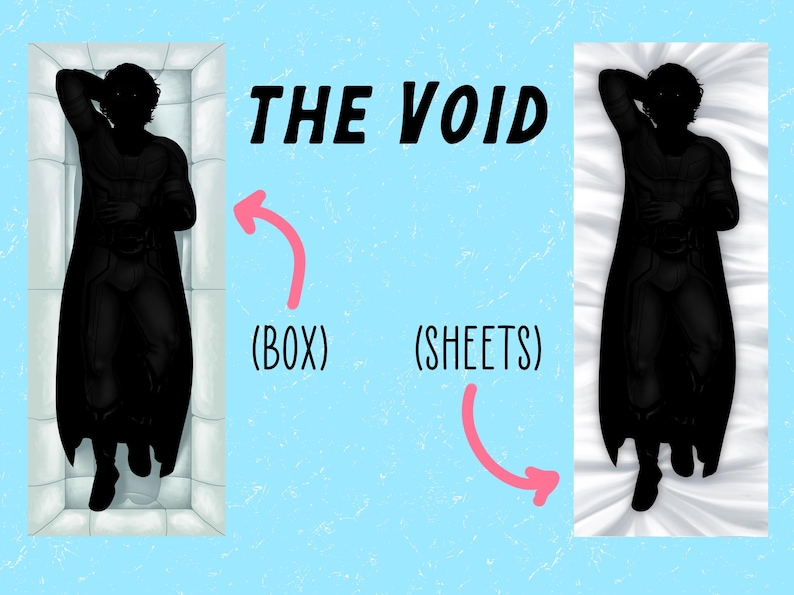 May include: Illustration of a figure in a black costume lying on a white surface, with the text "THE VOID" above. The image is on a light blue background, with arrows pointing to "(BOX)" and "(SHEETS)".