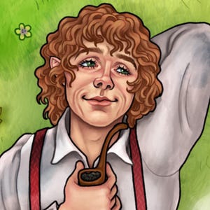 May include: Illustration of a character with curly red hair, pointed ears, and green eyes, holding a pipe. The character wears a white shirt with red suspenders, set against a green background with a flower.