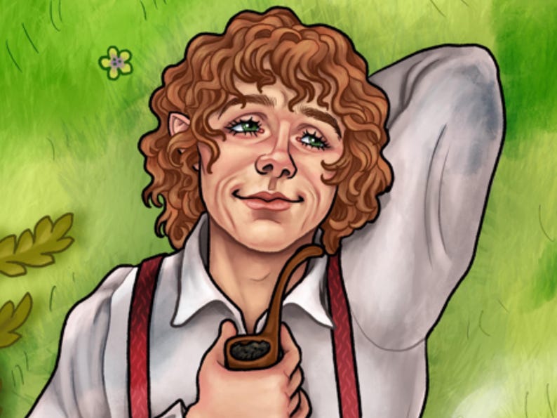 May include: Illustration of a character with curly red hair, pointed ears, and green eyes, holding a pipe. The character wears a white shirt with red suspenders, set against a green background with a flower.
