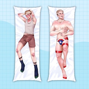 May include: A rectangular body pillow cover featuring two illustrations of a blonde person. The left side shows a person in a white tank top and brown shorts with dark socks. The right side shows a person in red, white, and blue briefs and fishnet stockings.