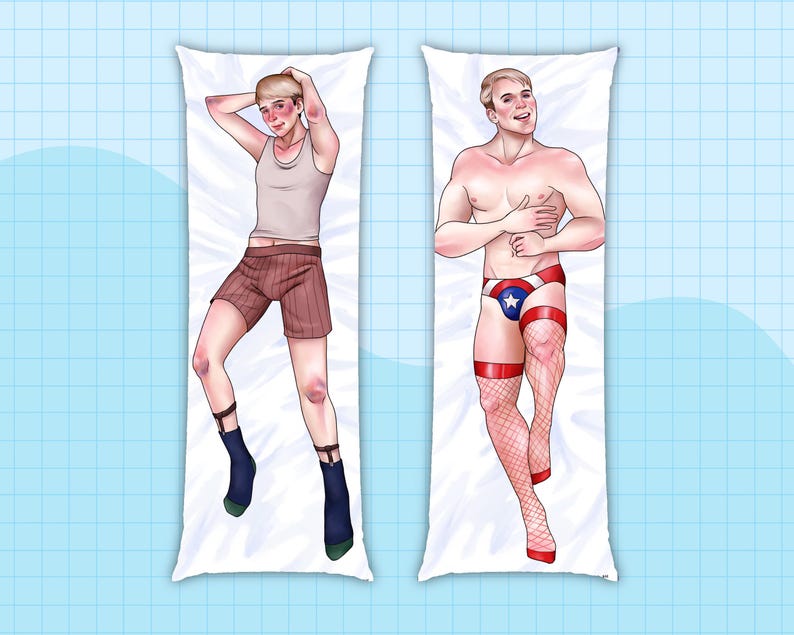 May include: A rectangular body pillow cover featuring two illustrations of a blonde person. The left side shows a person in a white tank top and brown shorts with dark socks. The right side shows a person in red, white, and blue briefs and fishnet stockings.