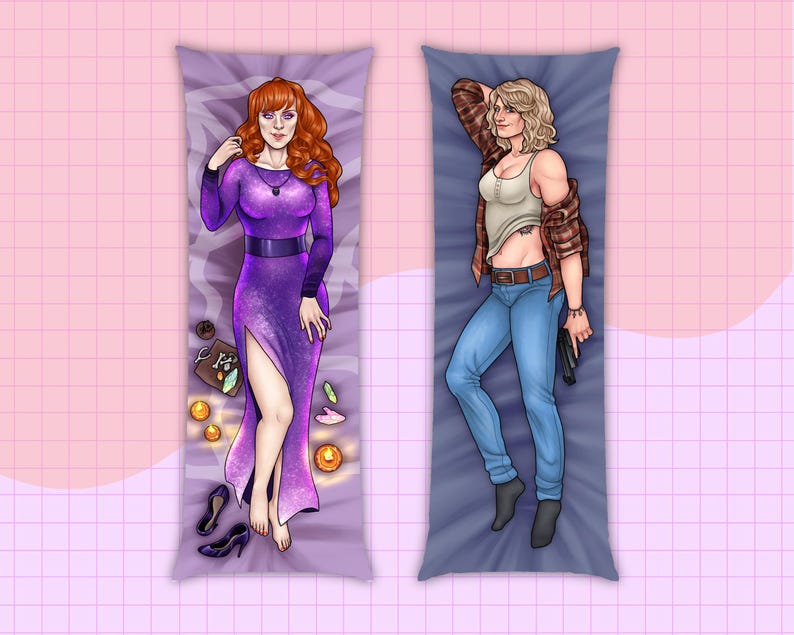 May include: Two rectangular body pillows featuring illustrated characters. The left pillow shows a person with red hair in a purple dress with a high slit, surrounded by crystals and candles. The right pillow shows a person with blonde hair in a white tank top, plaid shirt, and blue jeans holding a black handgun.