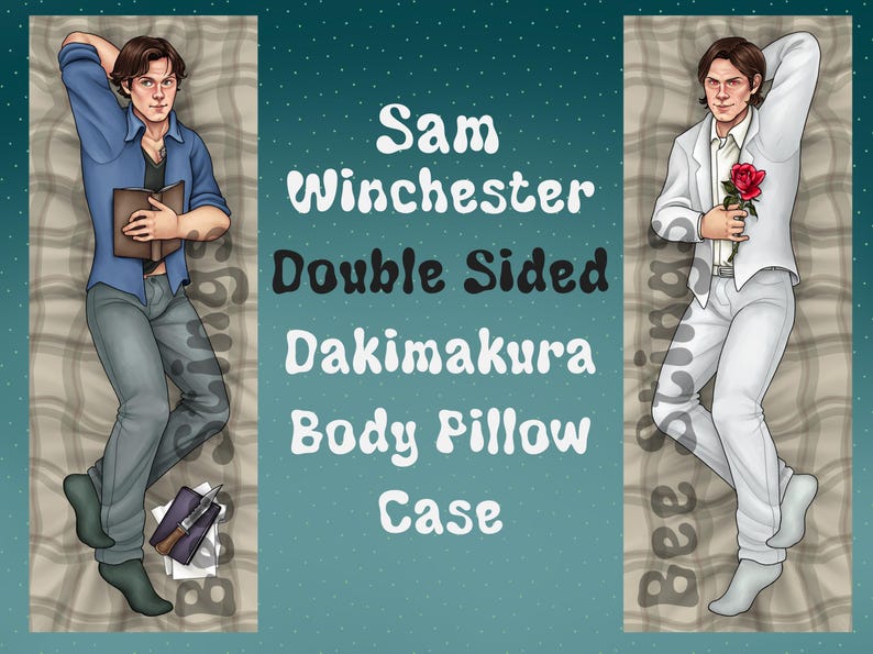 May include: Double-sided body pillow case featuring Sam Winchester from the TV show Supernatural. One side shows Sam holding a book, the other shows him holding a red rose. The text "Sam Winchester Double Sided Dakimakura Body Pillow Case" is printed on a blue background.