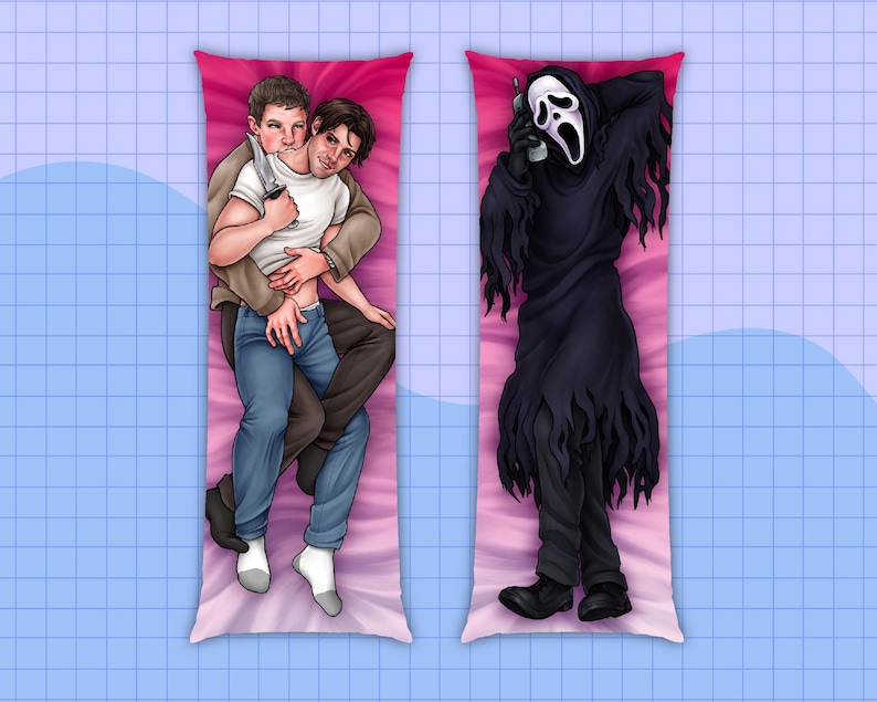 May include: Two body pillow covers. One features two men embracing, one holding a knife. The other depicts a figure in a black robe and a white mask, holding a phone. Both are on pink backgrounds.
