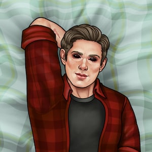 May include: A man with dark hair and red eyes is lying on a bed with a green and white plaid sheet. He is wearing a red and black plaid shirt.