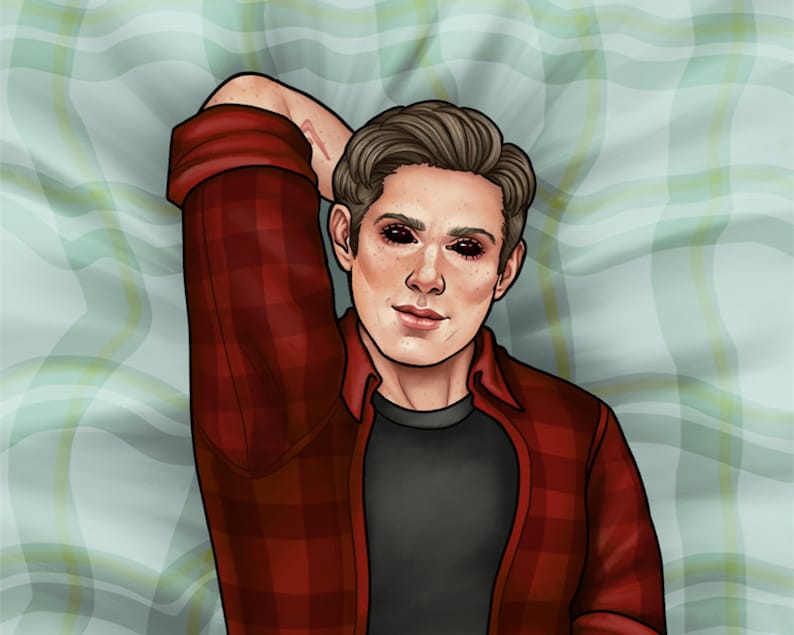 May include: A man with dark hair and red eyes is lying on a bed with a green and white plaid sheet. He is wearing a red and black plaid shirt.
