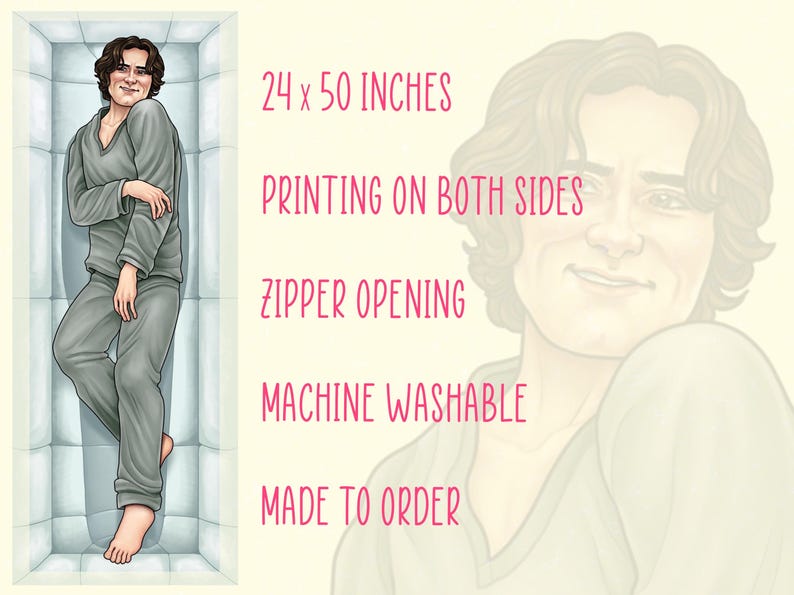 May include: A body pillow featuring a portrait of a person in gray pajamas. The pillow is 24 x 50 inches, with printing on both sides, a zipper opening, and is machine washable. The text on the image says "Made to Order."