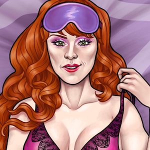 May include: A digital illustration of a person with long wavy red hair wearing a purple sleep mask on their forehead and a pink lace-trimmed camisole. The person has green eyes, pink eyeshadow, and red lipstick, set against a light purple background.
