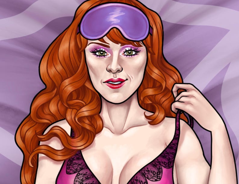 May include: A digital illustration of a person with long wavy red hair wearing a purple sleep mask on their forehead and a pink lace-trimmed camisole. The person has green eyes, pink eyeshadow, and red lipstick, set against a light purple background.