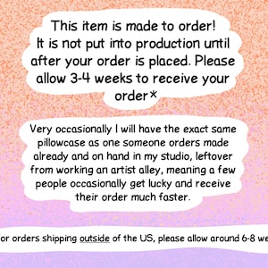 May include: A digital graphic with a peach to light purple gradient background featuring three white text bubbles. The text explains that items are made to order, production timelines, potential for faster shipping on leftover stock, and international shipping estimates.