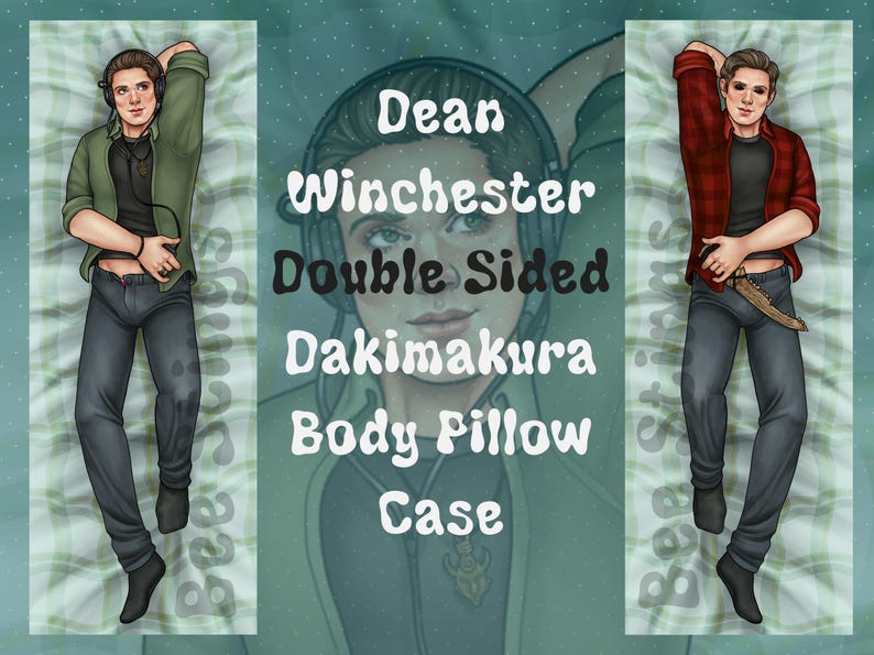 May include: Double-sided body pillow case featuring Dean Winchester from the TV show Supernatural. One side shows Dean wearing a green jacket and jeans, the other side shows Dean wearing a red plaid shirt and jeans.