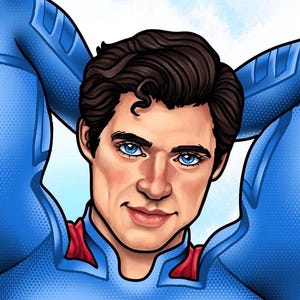 May include: Digital illustration of a person with brown hair and blue eyes, wearing a blue superhero suit with red accents. The person is smiling and has their arms behind their head.