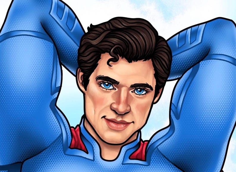 May include: Digital illustration of a person with brown hair and blue eyes, wearing a blue superhero suit with red accents. The person is smiling and has their arms behind their head.