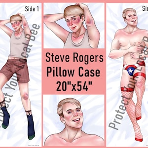 May include: A Steve Rogers pillow case measuring 20"x54" featuring two sides of a character illustration. Side 1 shows a figure in a tank top and striped shorts. Side 2 shows a figure in star-patterned briefs and fishnet stockings.