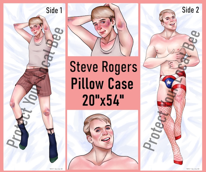 May include: A Steve Rogers pillow case measuring 20"x54" featuring two sides of a character illustration. Side 1 shows a figure in a tank top and striped shorts. Side 2 shows a figure in star-patterned briefs and fishnet stockings.