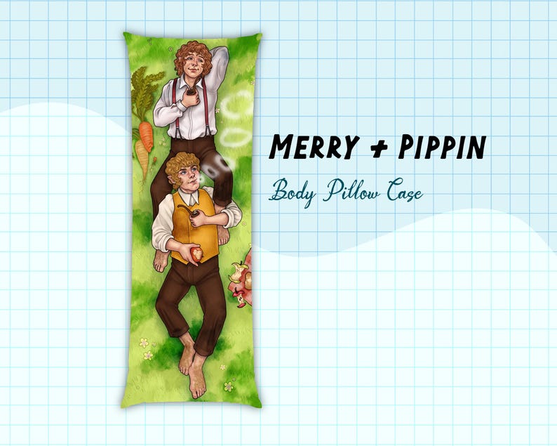 May include: Body pillow case featuring an illustration of two characters, Merry and Pippin, from The Lord of the Rings. The characters are depicted on a green background with carrots and flowers. The pillow case has the text "MERRY + PIPPIN Body Pillow Case".