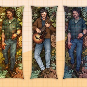 May include: Three body pillows featuring a man in a plaid shirt and jeans. The pillows have a forest background with ferns, mushrooms, and other foliage. One pillow features the man holding a guitar.