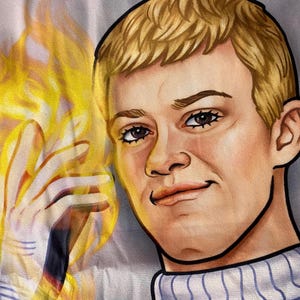 May include: A digital painting of a person with blonde hair and a blue and white striped sweater. The person is smiling and holding a hand with yellow flames. The background is a light gray.