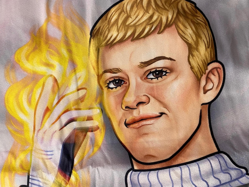 May include: A digital painting of a person with blonde hair and a blue and white striped sweater. The person is smiling and holding a hand with yellow flames. The background is a light gray.