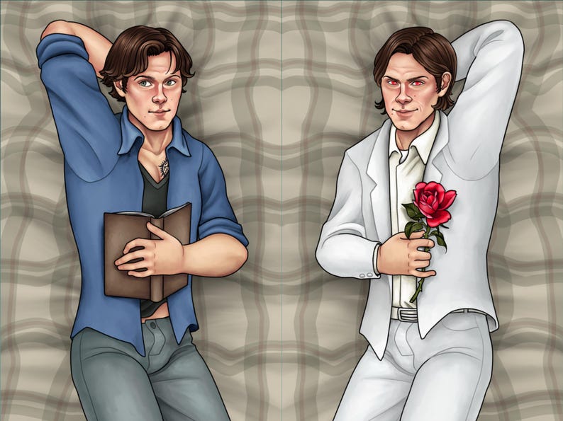 May include: Two illustrations of a person lying on a plaid patterned surface. The person on the left is wearing a blue shirt and holding a book. The person on the right is wearing a white suit and holding a red rose.