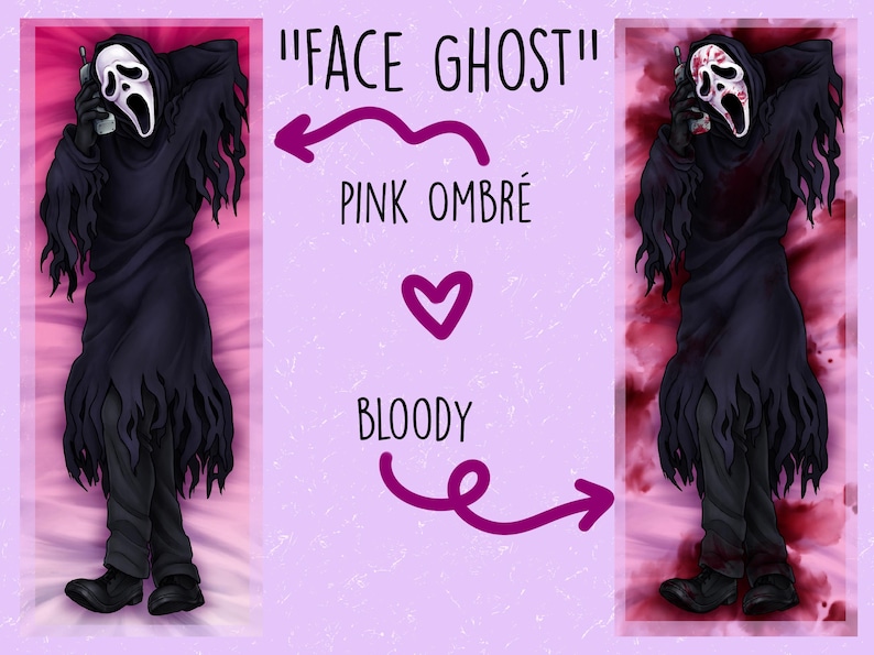 May include: A body pillow featuring a graphic of the Ghostface killer from the Scream movies. The character is depicted in a black robe and mask, holding a phone. The background is pink with the text "FACE GHOST", "PINK OMBR&Eacute;", and "BLOODY".
