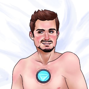 May include: A digital illustration of a man with short brown hair and a beard. He is smiling and has a blue and silver arc reactor on his chest.