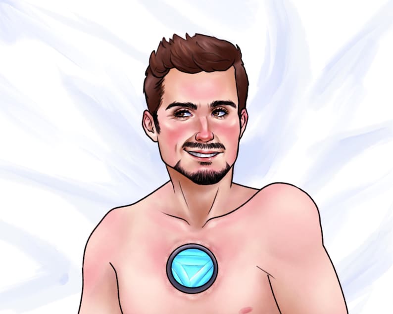 May include: A digital illustration of a man with short brown hair and a beard. He is smiling and has a blue and silver arc reactor on his chest.