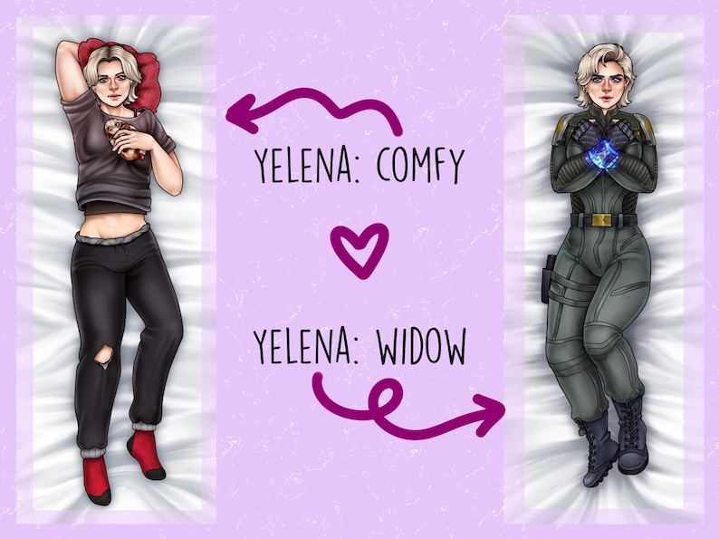 May include: A body pillow cover featuring two illustrations of a blonde character. On the left, the character wears a gray t-shirt, black pants with a knee rip, and red socks. On the right, the character wears a tactical gray suit. Text reads: YELENA: COMFY and YELENA: WIDOW.