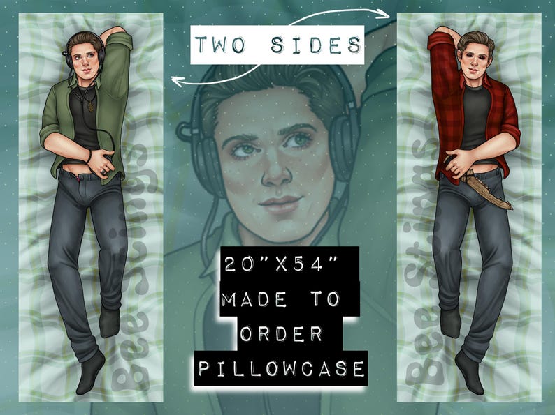 May include: A pillowcase featuring two different images of a person. The pillowcase is 20 inches by 54 inches and is made to order. The text "TWO SIDES" and "20" X 54" MADE TO ORDER PILLOWCASE" is printed on the pillowcase.