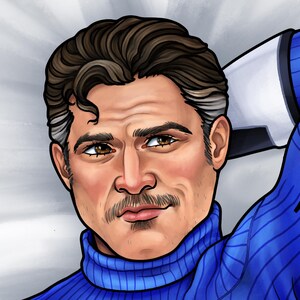 May include: A digital illustration of a person with dark brown hair, a mustache, and brown eyes. The person is wearing a bright blue ribbed turtleneck sweater and has one arm raised behind their head, showing a white and black sleeve detail.