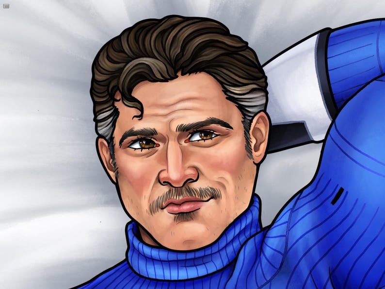 May include: A digital illustration of a person with dark brown hair, a mustache, and brown eyes. The person is wearing a bright blue ribbed turtleneck sweater and has one arm raised behind their head, showing a white and black sleeve detail.