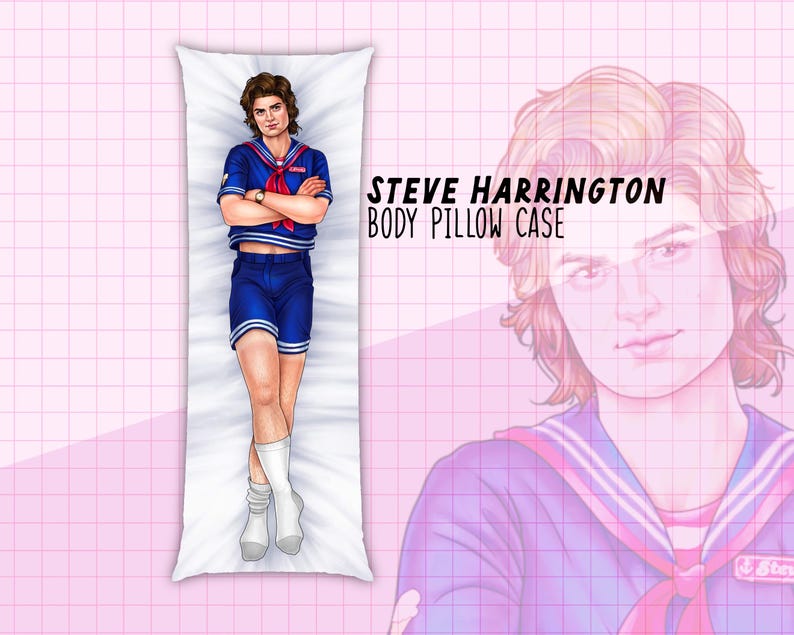May include: A white body pillow case featuring a full-body illustration of a person in a blue sailor outfit with a red necktie. The text "STEVE HARRINGTON BODY PILLOW CASE" is printed on the right side of the image.
