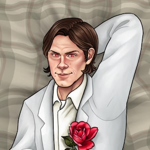 May include: A man with brown hair and red eyes is wearing a white suit jacket and a white shirt. He is holding a red rose in his hand. The background is a plaid pattern.