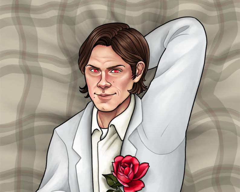 May include: A man with brown hair and red eyes is wearing a white suit jacket and a white shirt. He is holding a red rose in his hand. The background is a plaid pattern.
