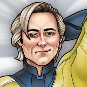 May include: A pillow featuring a cartoon illustration of a man with light blonde hair and a yellow and blue costume. The man is smiling and has his arm raised behind his head.