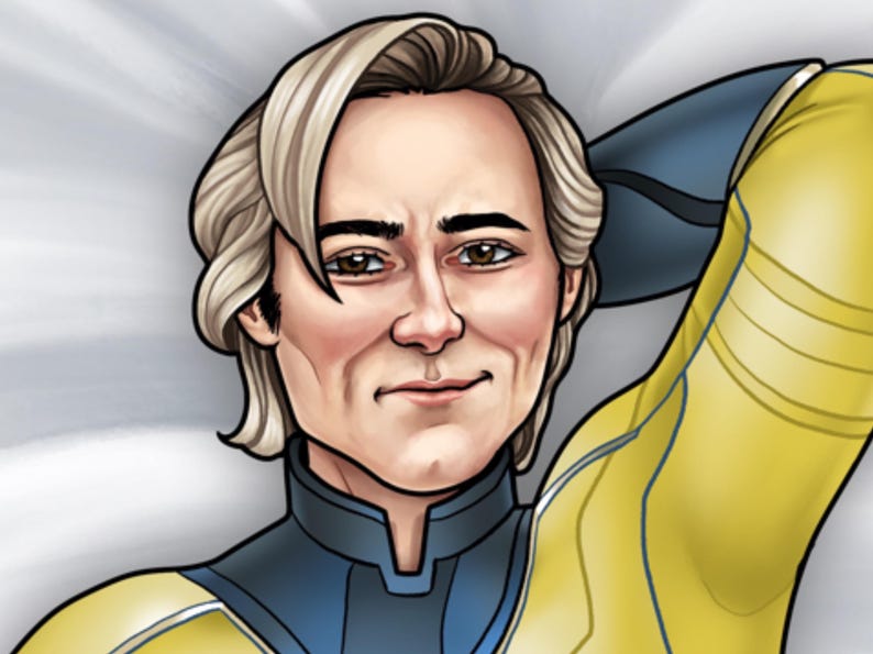 May include: A pillow featuring a cartoon illustration of a man with light blonde hair and a yellow and blue costume. The man is smiling and has his arm raised behind his head.